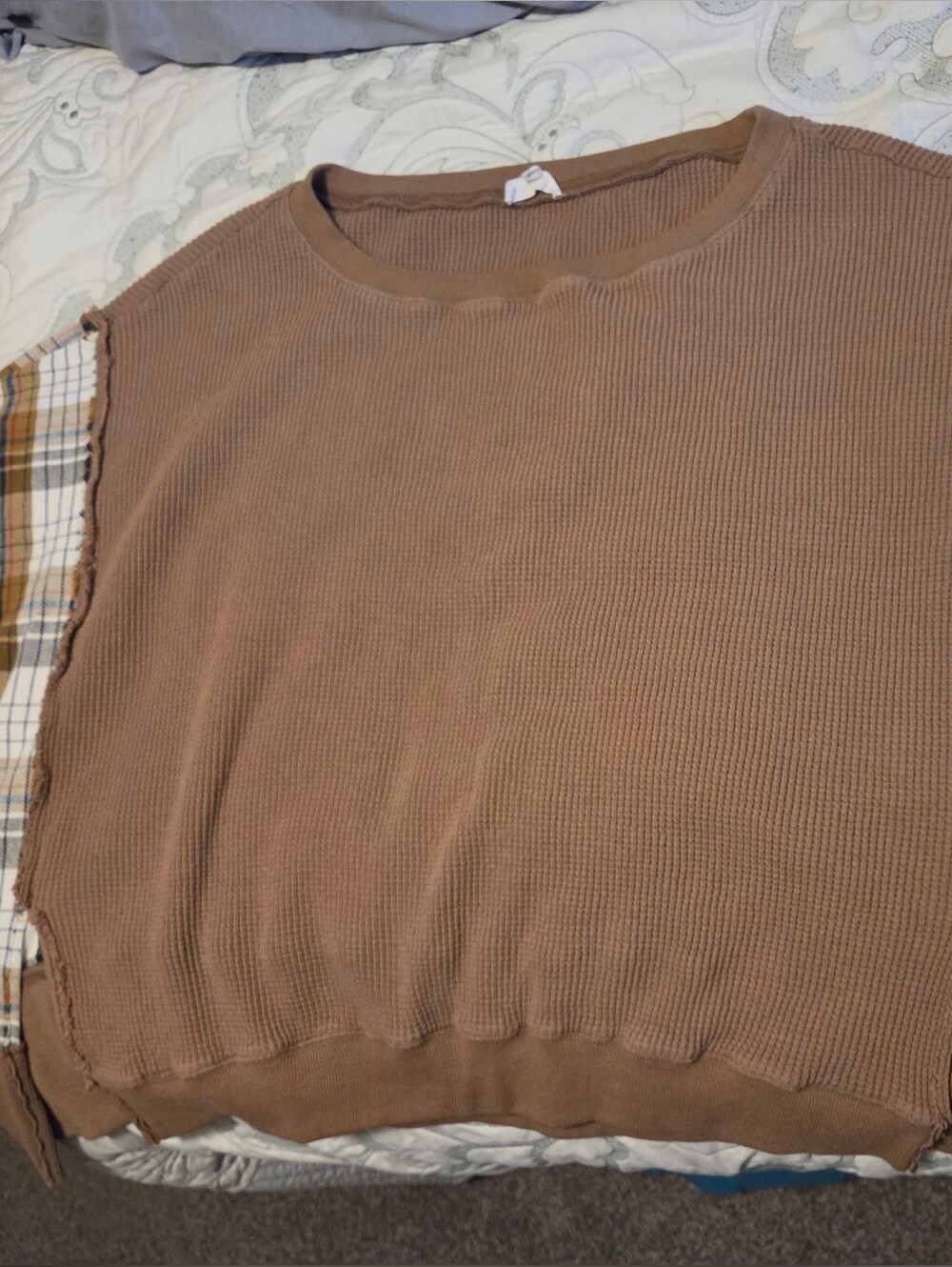 OVERSIZED Oli & Hali Waffle Knit Brown/plaid Top  PTP 35